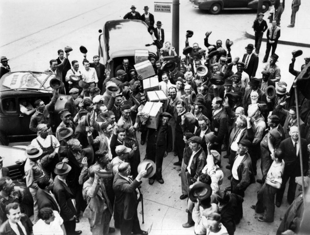 Black and white photograph of crowd celebrating the end of prohibition in Marietta, Georgia, 1935